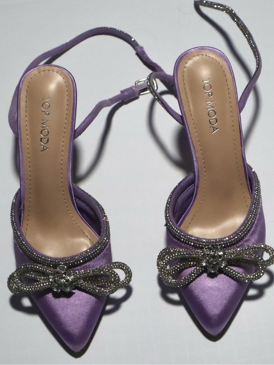 TOP Moda Shoes - TOP MODA Lavender Satin Pointed-Toe Slingback Heels with Crystal Bow